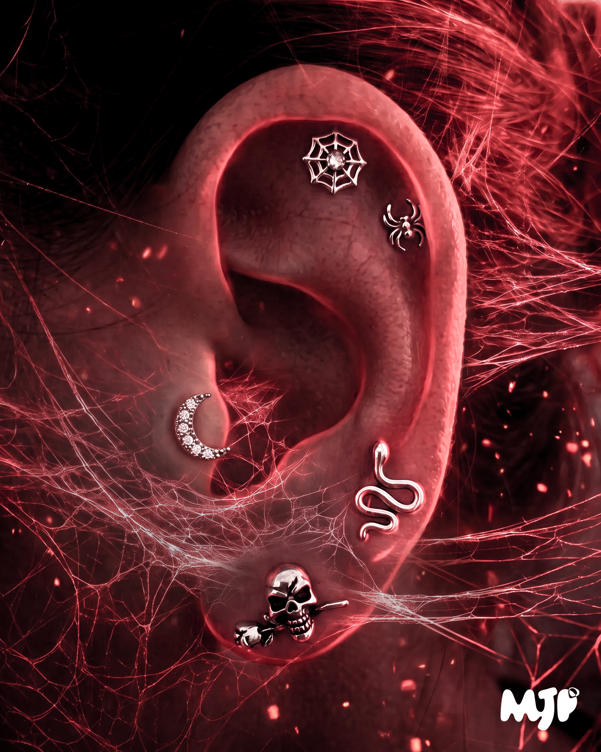 Progettino Orecchio Halloween – Set 5 Piercing con Ragno, Ragnatela, Serpente e Teschio - Acciaio 316L