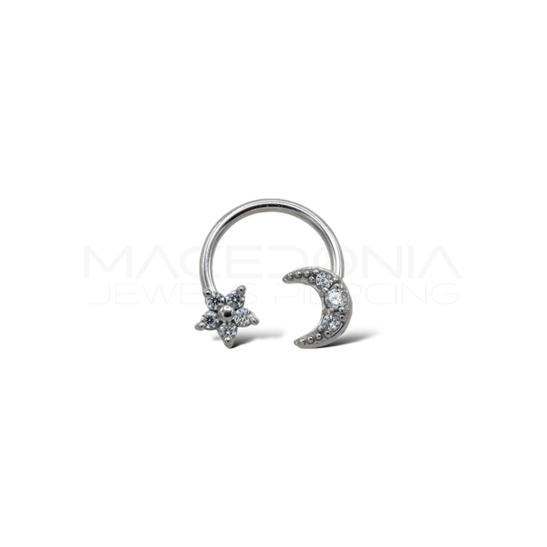 piercing con stella e luna impreziosite da zirconi incastonati in acciaio chirurgico 316L