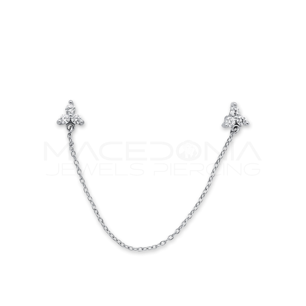 Orecchino Doppia Formina con Catenina e Fiore Zirconato in Acciaio Chirurgico 316L