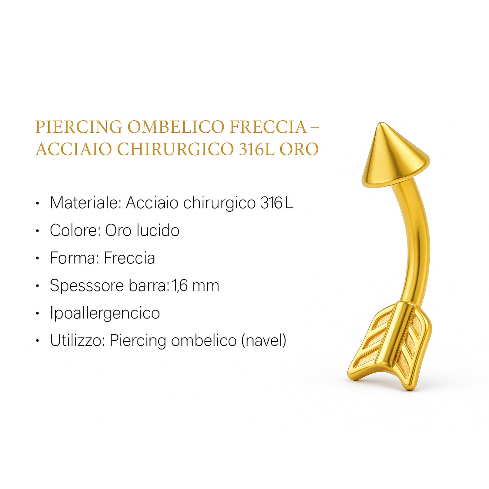 Piercing Ombelico Freccia in Acciaio Chirurgico 316L Oro