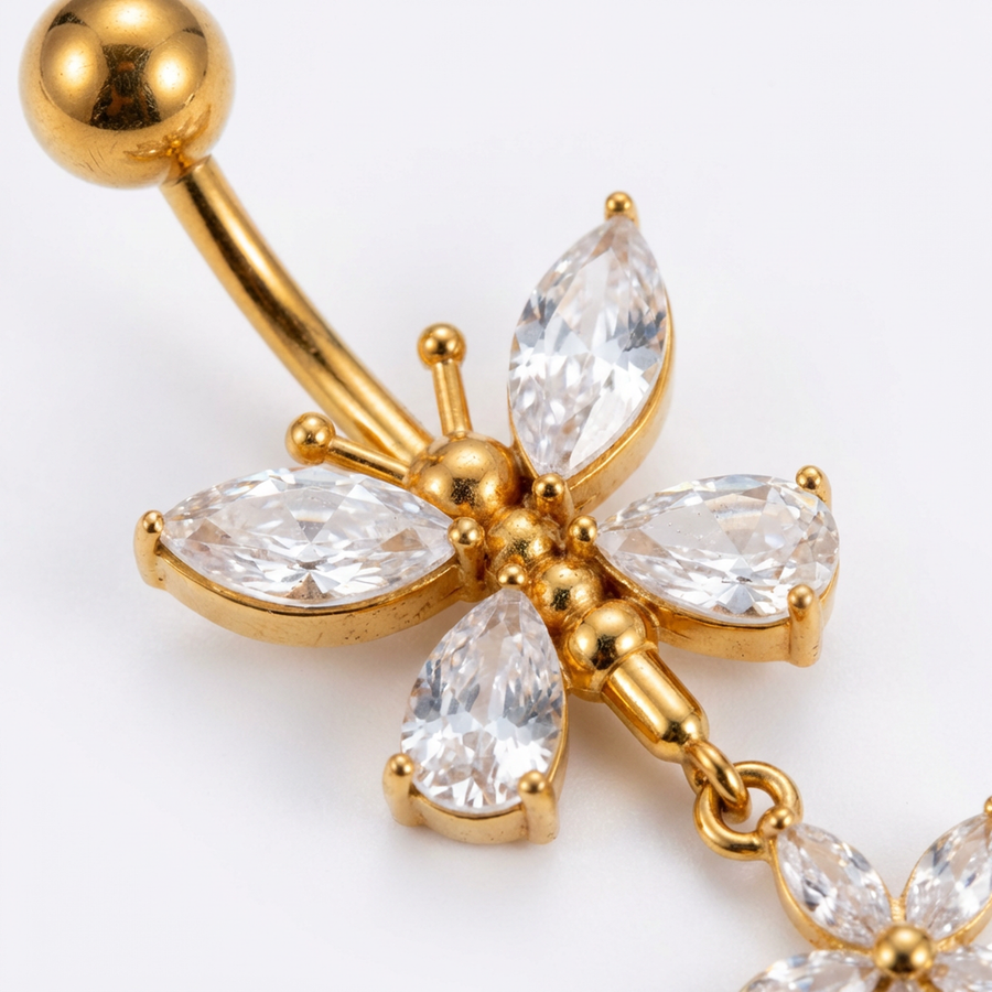 Piercing con farfalla di zirconi e fiore pendente in Acciaio Chirurgico 316L- Piercing per ombelico