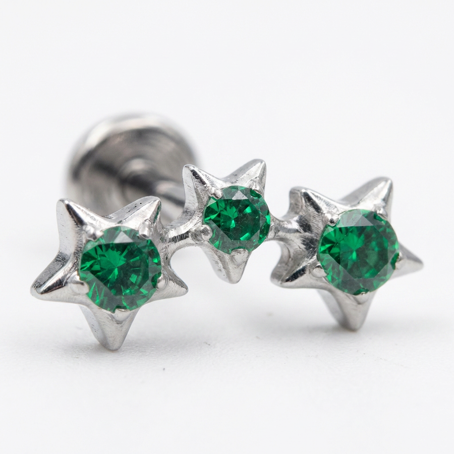 Piercing con stelle e zirconi verdi in Titanio G23- Piercing per Lobo, helix, forward helix, conch, flat, tragus