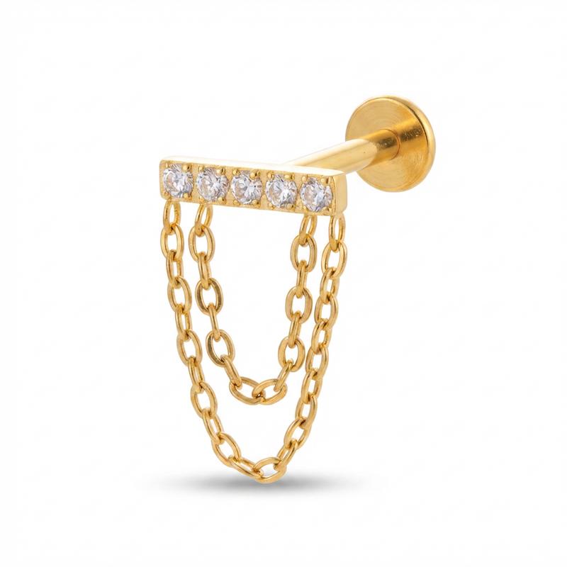 Barretta con zirconi e catena pendente in Titanio - Piercing per orecchio
