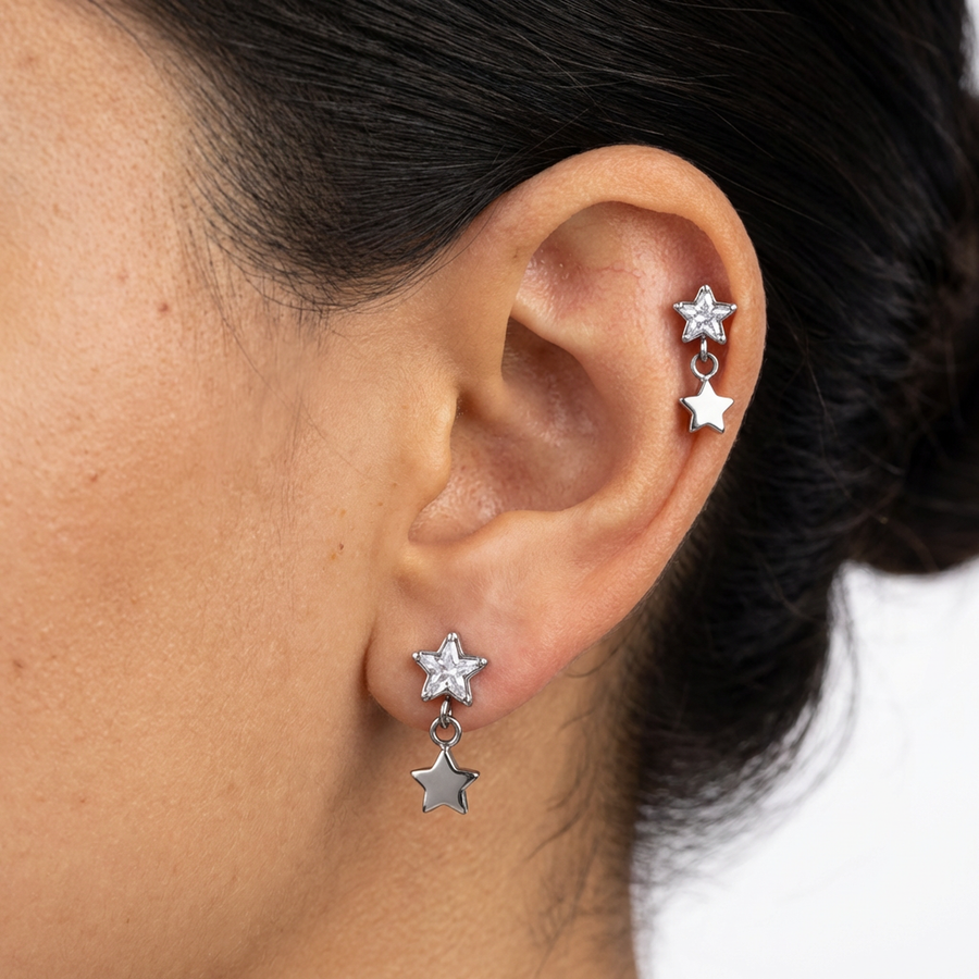 Piercing con stella di zirconi in Titanio G23- Piercing per Lobo, helix, forward helix, conch, flat, tragus