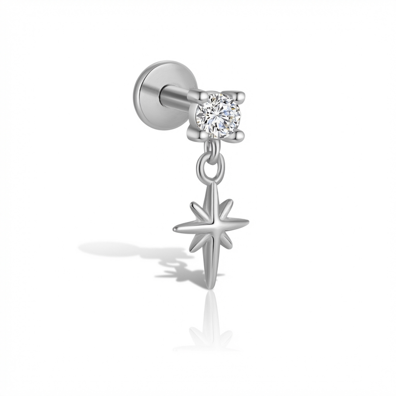 Piercing con zircone e rosa dei venti pendente in Titanio G23- Piercing per Lobo, helix, forward helix, flat, tragus