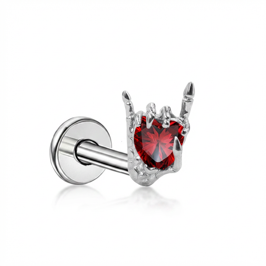 Piercing con mano e zircone rosso in Titanio G23- Piercing per Lobo, helix, forward helix, conch, flat, tragus