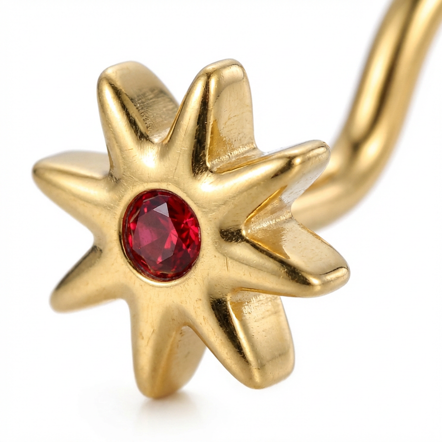 Piercing con fiore con zircone rosso in Titanio - Piercing per naso