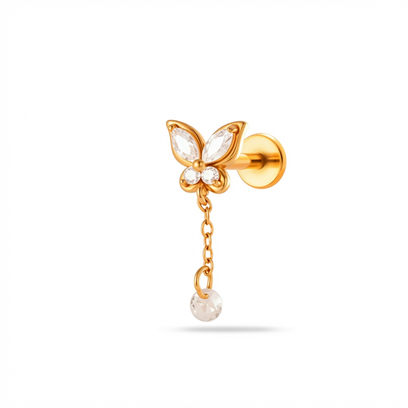 Barretta con farfalla e pendente con zircone in Acciaio Chirurgico 316L  - Piercing per orecchio