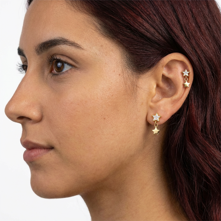 Piercing con stella di zirconi in Titanio G23- Piercing per Lobo, helix, forward helix, conch, flat, tragus