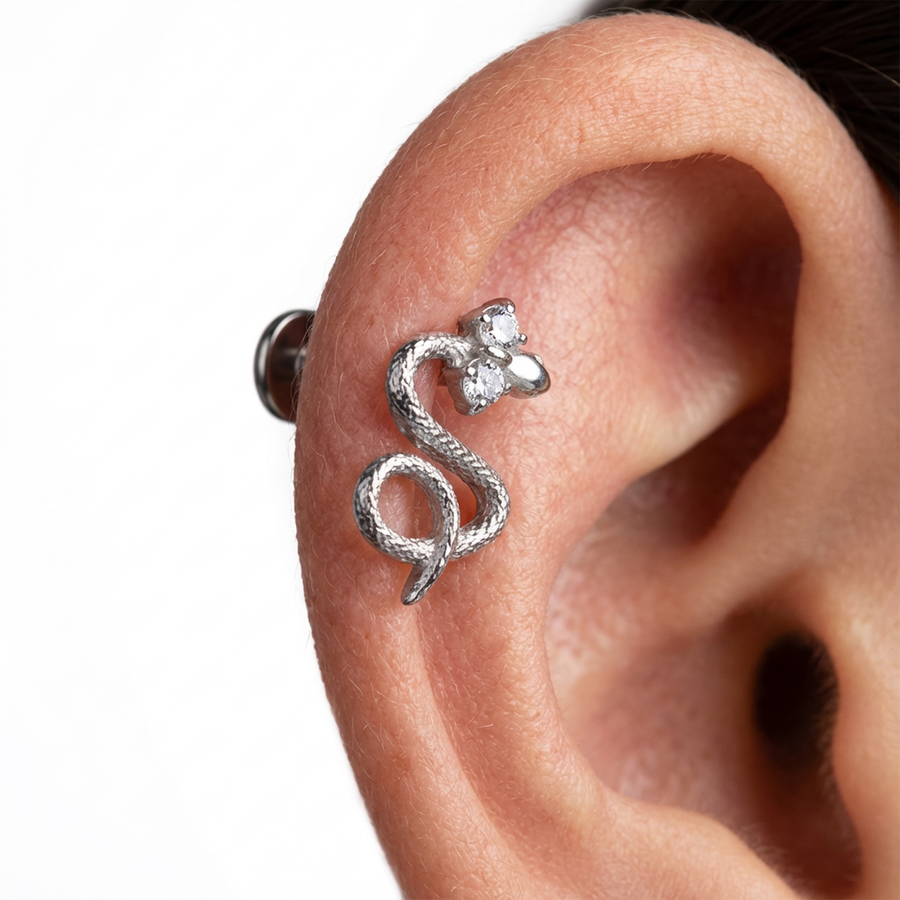 Piercing con serpente e due zirconi in Titanio G23- Piercing per Lobo, helix, forward helix, conch, flat, tragus