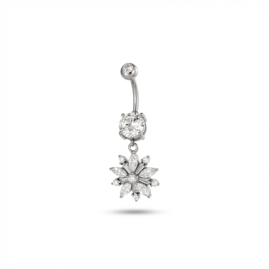 Piercing con zircone e fiore pendente in Acciaio Chirurgico 316L - Piercing per ombelico