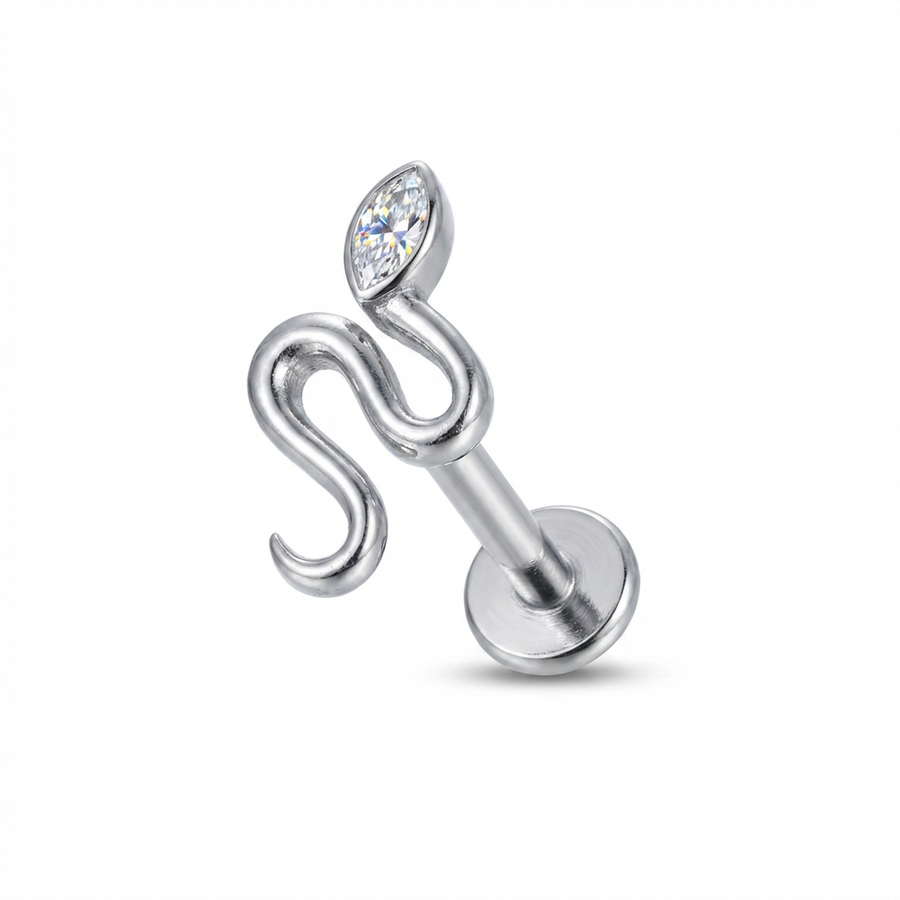 Piercing con serpente e zircone in Titanio G23- Piercing per Lobo, helix, forward helix, conch, flat, tragus
