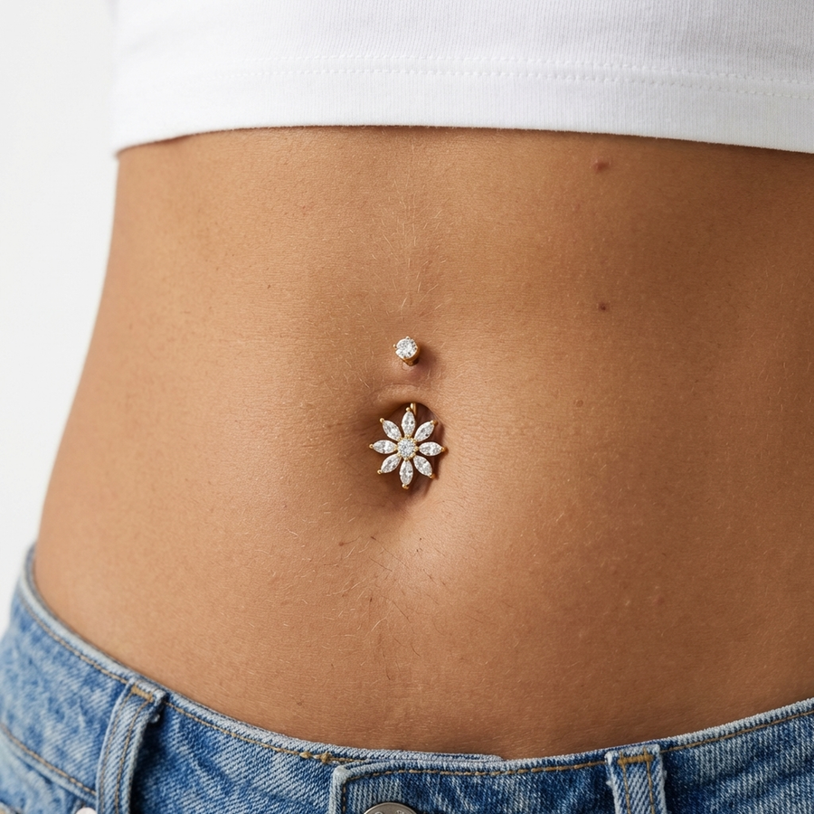 Piercing con fiore di zirconi in Titanio G23 - Piercing per ombelico