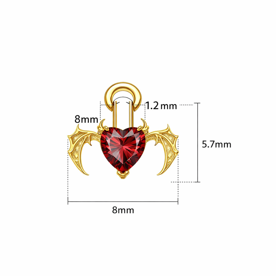 Piercing cuore rosso con ali in Titanio G23- Piercing per Lobo, helix, forward helix, conch, flat, tragus