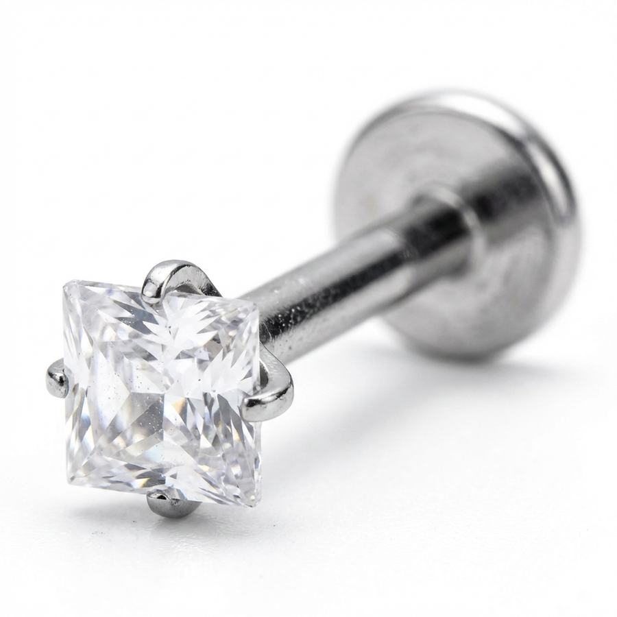 Barretta con zircone quadrato in Titanio - Piercing per orecchio / labbra