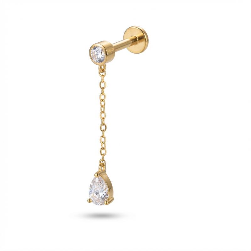 Piercing con zirconi e catenina pendente in Titanio G23- Piercing per Lobo, helix, flat