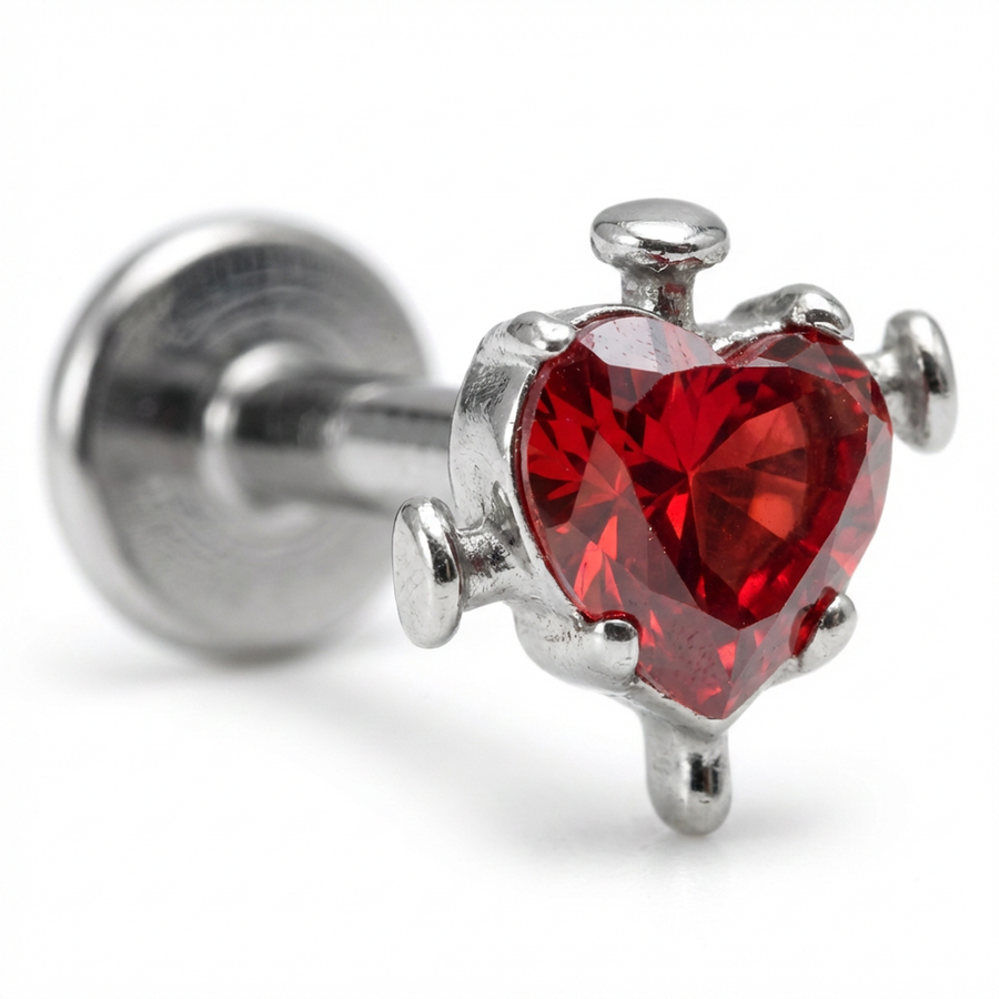 Piercing con zircone a cuore rosso in Titanio G23- Piercing per Lobo, helix, forward helix, conch, flat, tragus