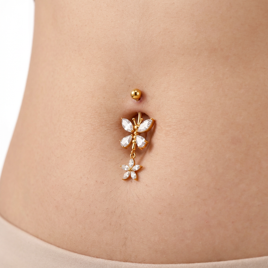 Piercing con farfalla di zirconi e fiore pendente in Acciaio Chirurgico 316L- Piercing per ombelico