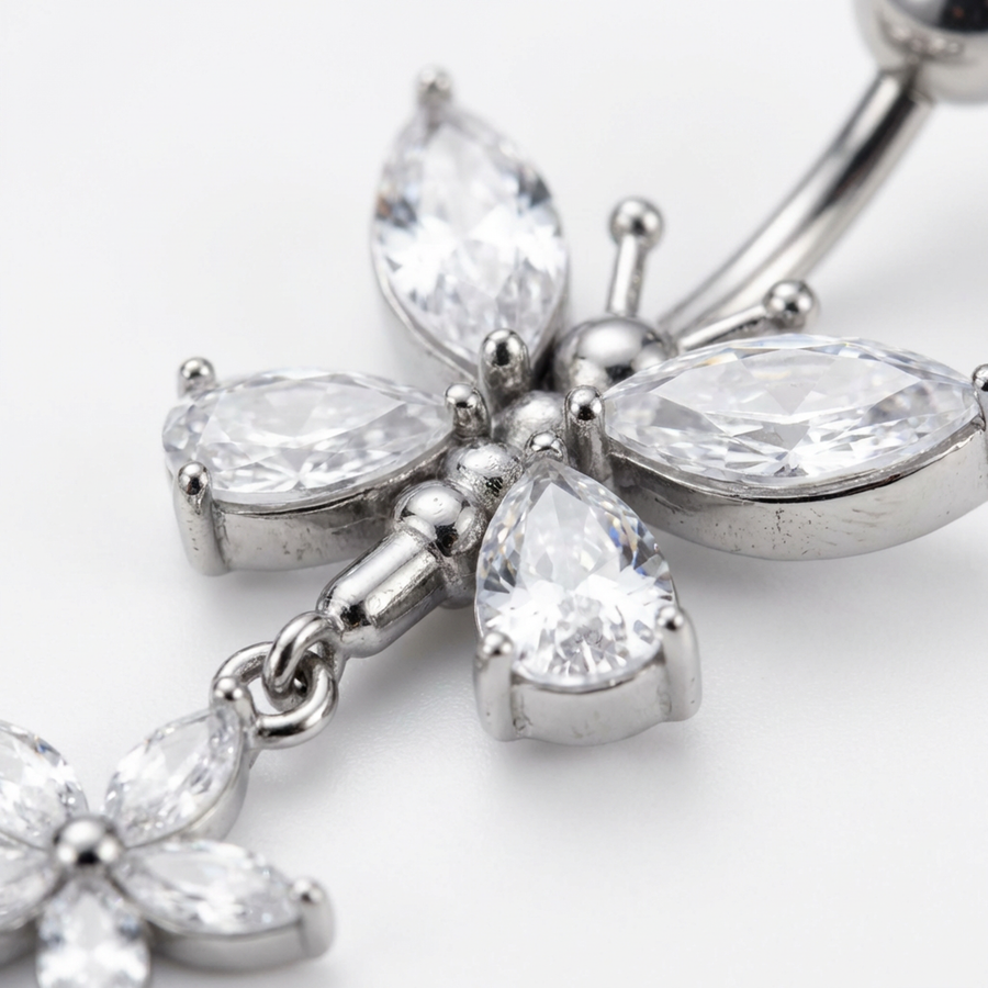Piercing con farfalla di zirconi e fiore pendente in Acciaio Chirurgico 316L- Piercing per ombelico