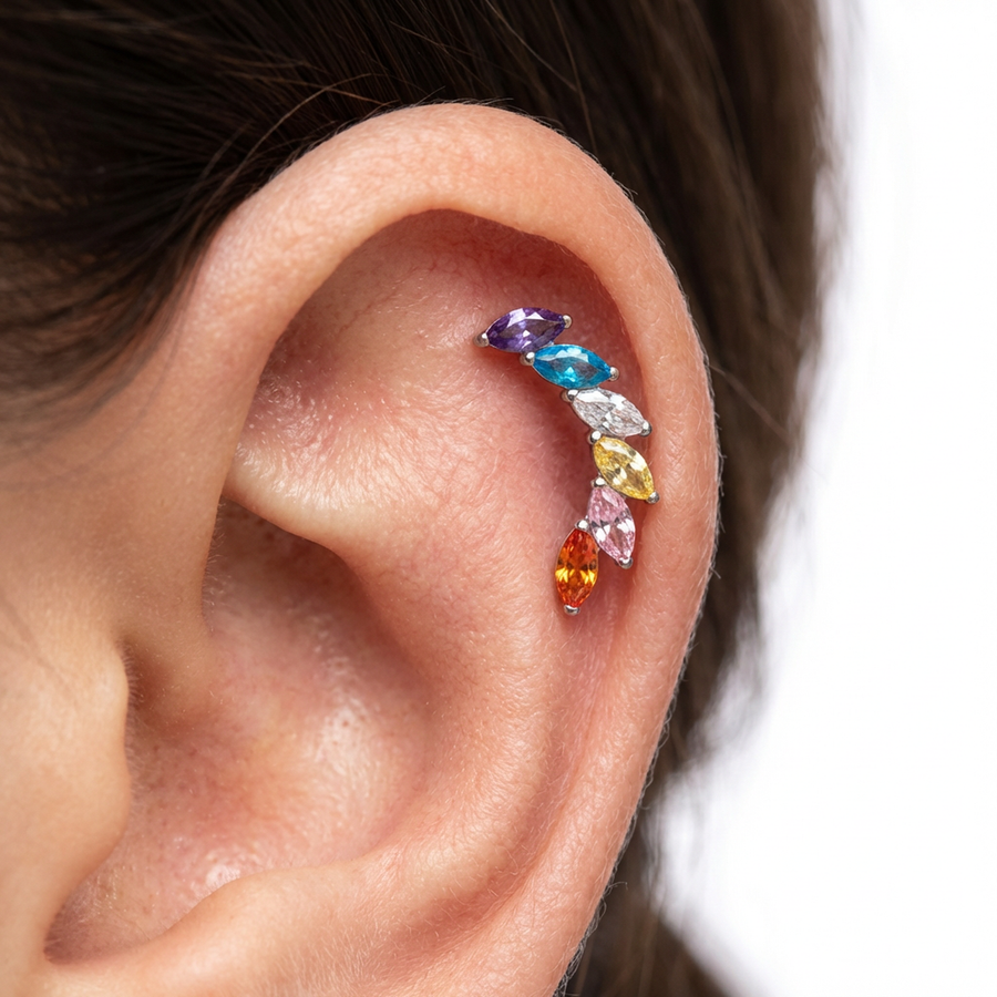 Barretta con sei zirconi colorati in Titanio - Piercing per orecchio