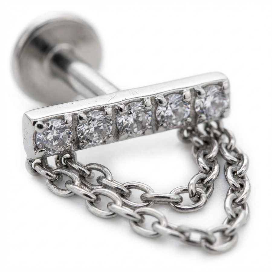 Barretta con zirconi e catena pendente in Titanio - Piercing per orecchio