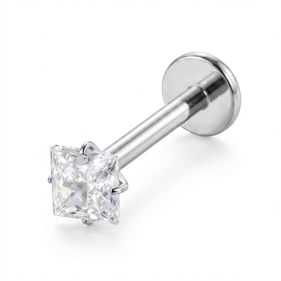 Barretta con zircone quadrato in Titanio - Piercing per orecchio / labbra