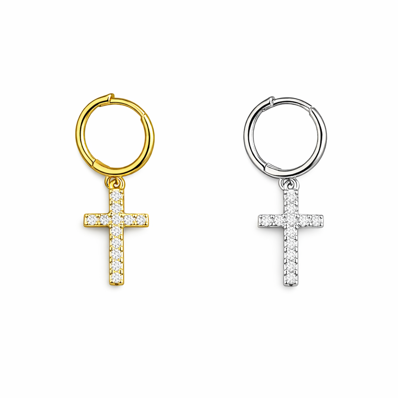 Orecchino a Cerchio con Croce in Zirconi – Elegante, Brillante, Unisex