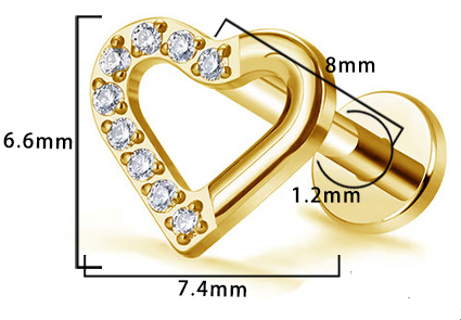 Piercing con cuore zirconi in Titanio F136- Piercing per Lobo, helix, forward helix, conch, flat, tragus
