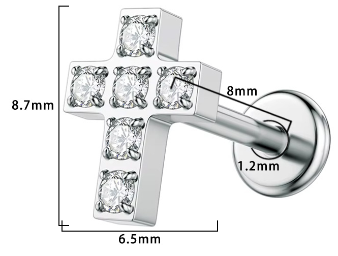 Piercing con croce e zirconi in Titanio F136- Piercing per Lobo, helix, forward helix, conch, flat, tragus